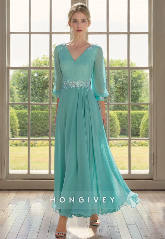 A-Line V-Neck 3/4 Sleeves Appliques Empire Chiffon Mother of the Bride Dress