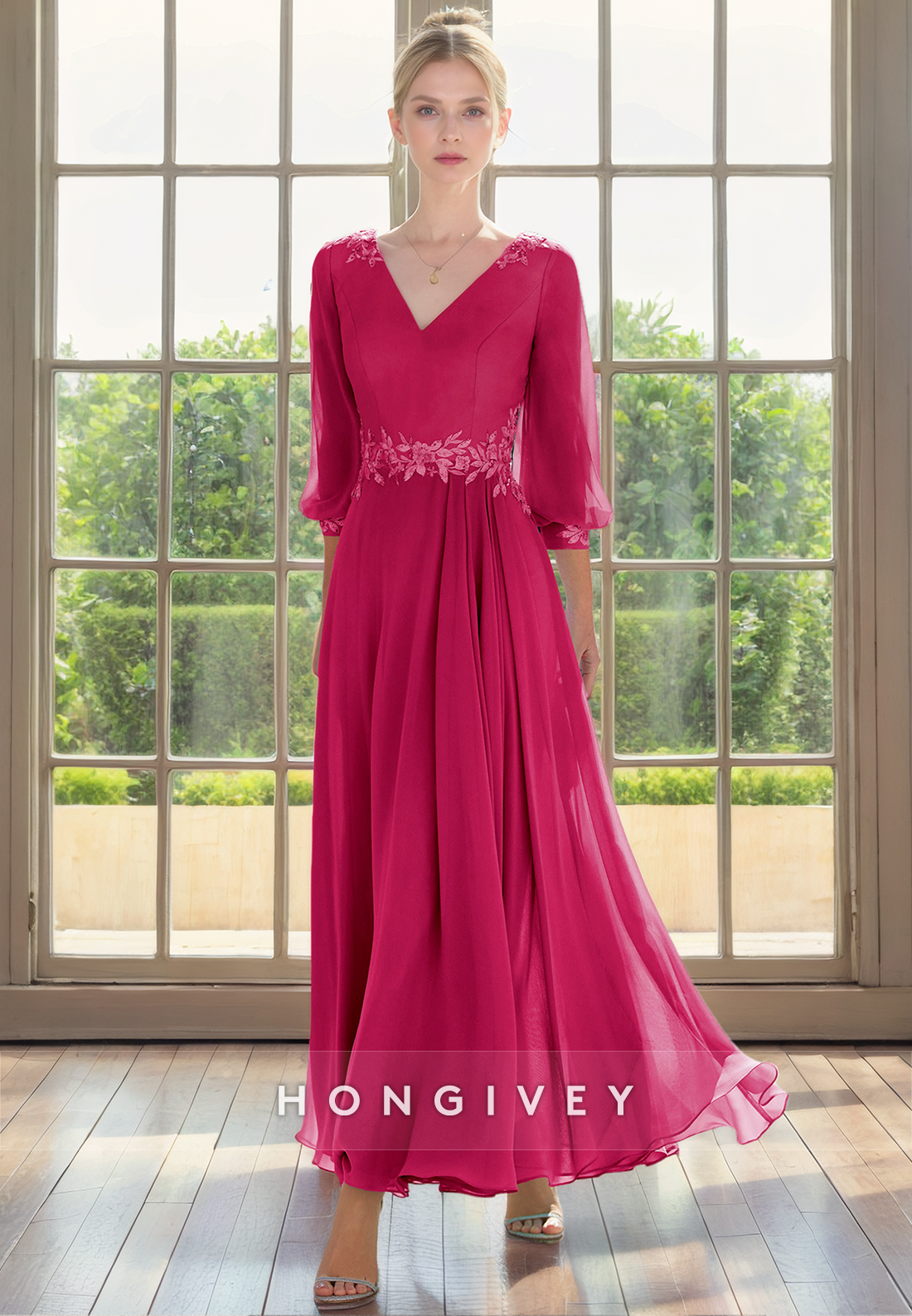 A-Line V-Neck 3/4 Sleeves Appliques Empire Chiffon Mother of the Bride Dress