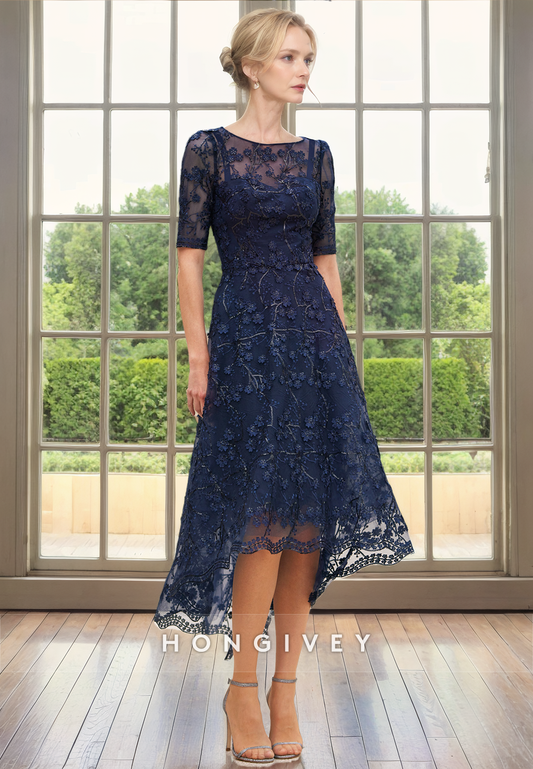 Lace Scoop Half Sleeves High Low Mother of the Bride Dress