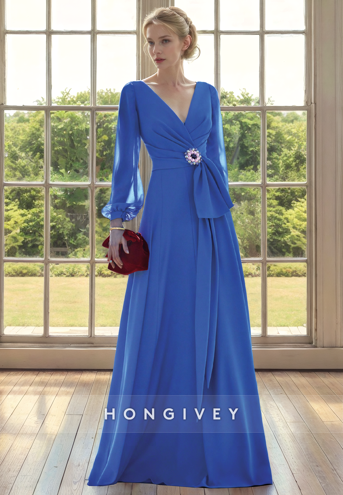 Casual A-Line V-Neck Long Sleeve Chiffon Mother of the Bride Dress