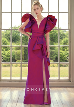 Classic Satin V-Neck Ruffled With Side Slit Mother of the Bride Dress