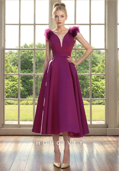 Satin A-Line V-Neck Sleeveless Feathers Mother of the Bride Dress