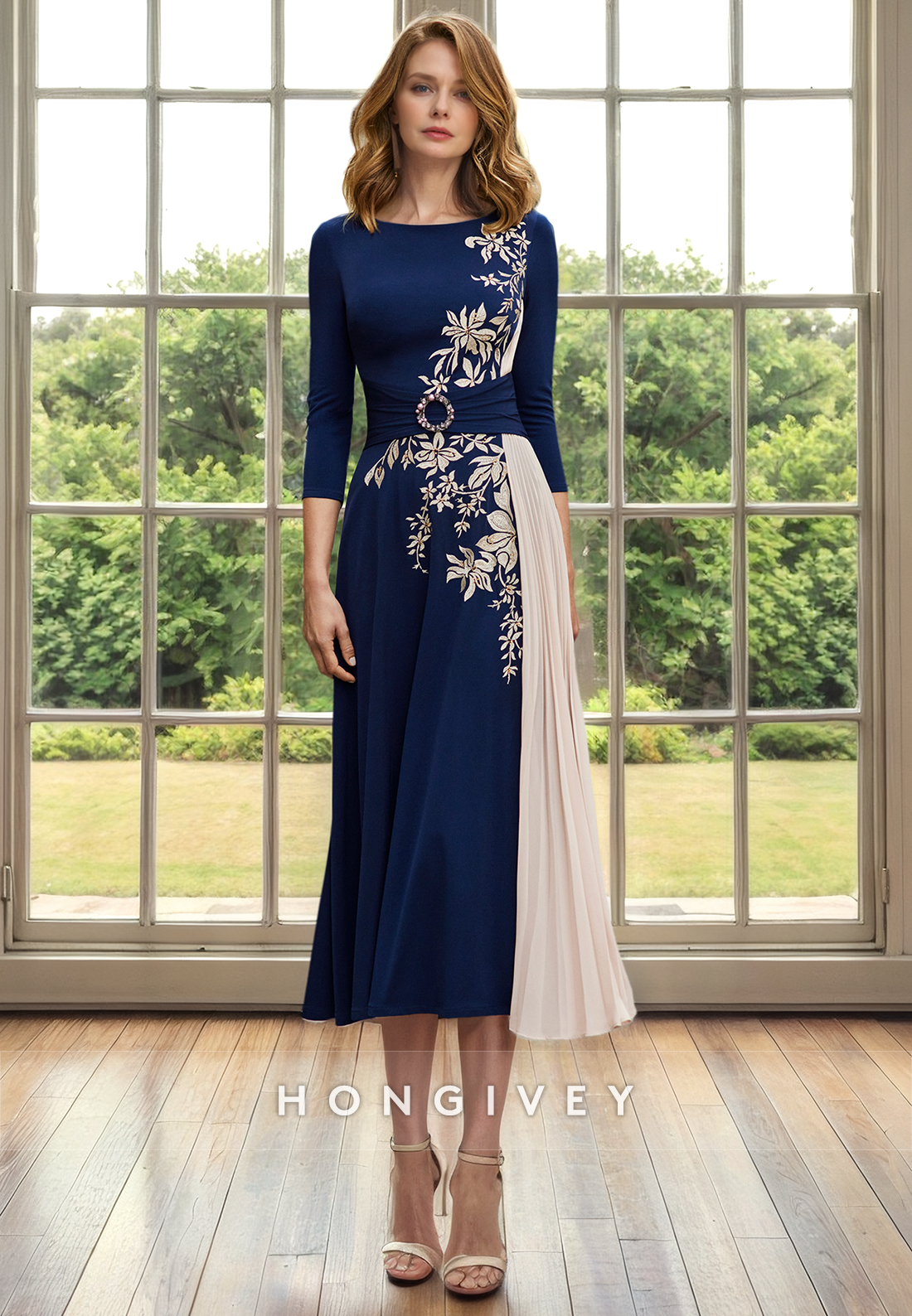 A-Line Round 3/4 Sleeves Appliques Mother of the Bride Dress