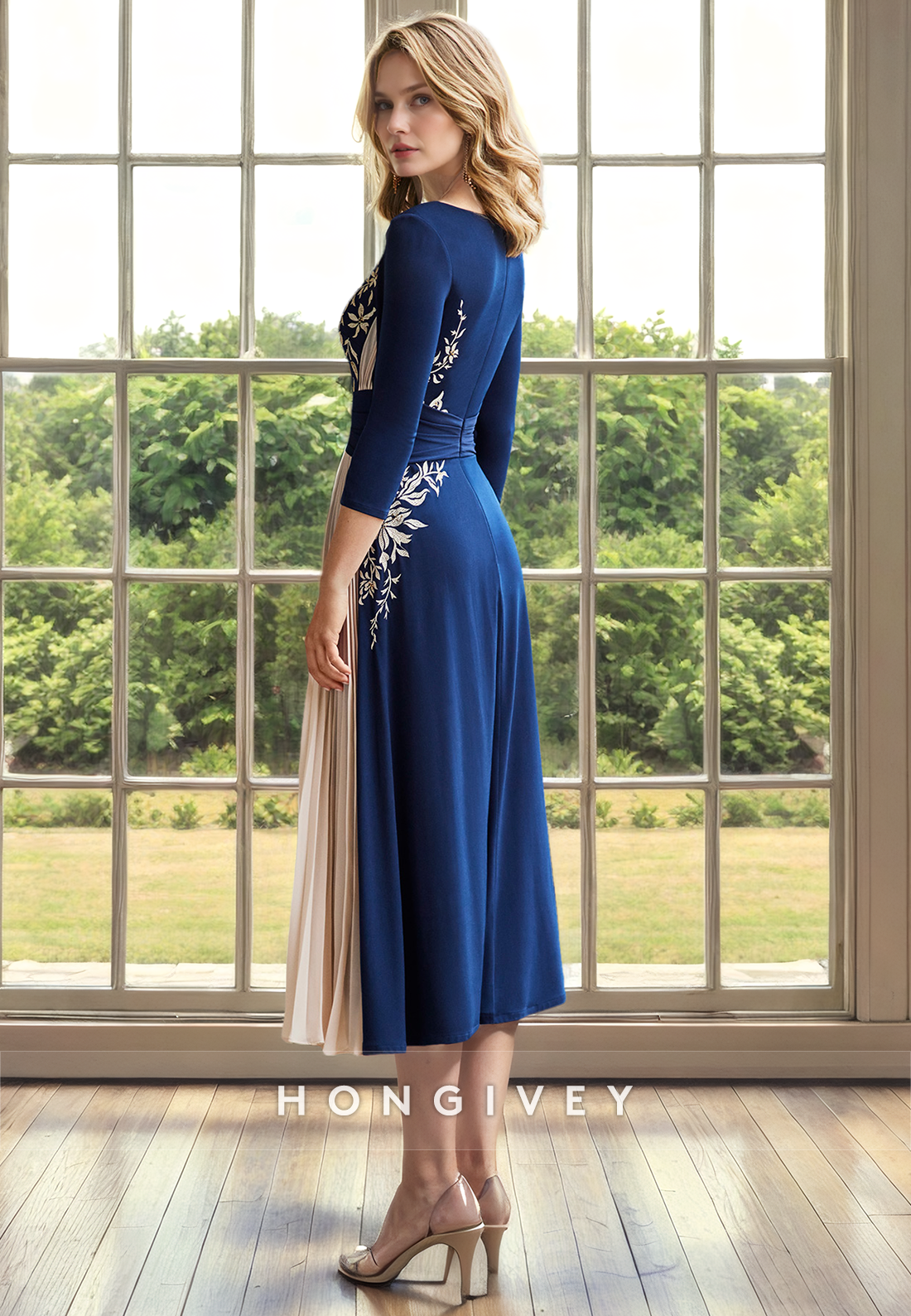 A-Line Round 3/4 Sleeves Appliques Mother of the Bride Dress