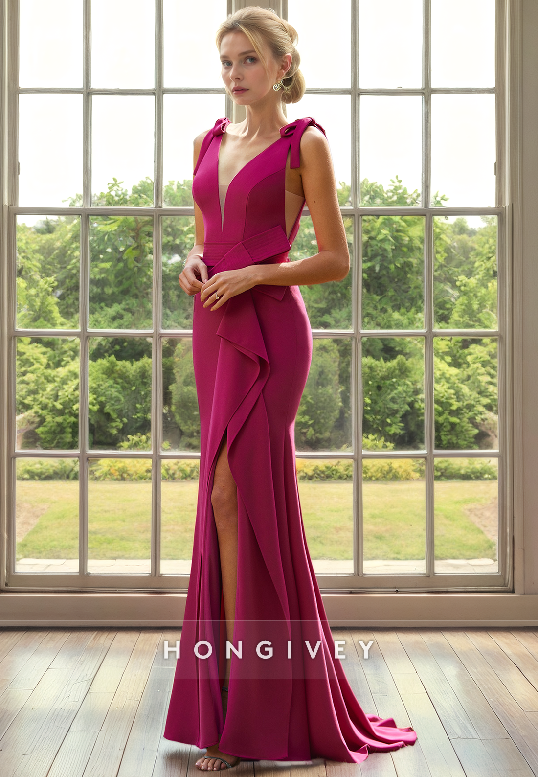 Classic Trumpet V-Neck Sleeveless With Slit Mother of the Bride Dress