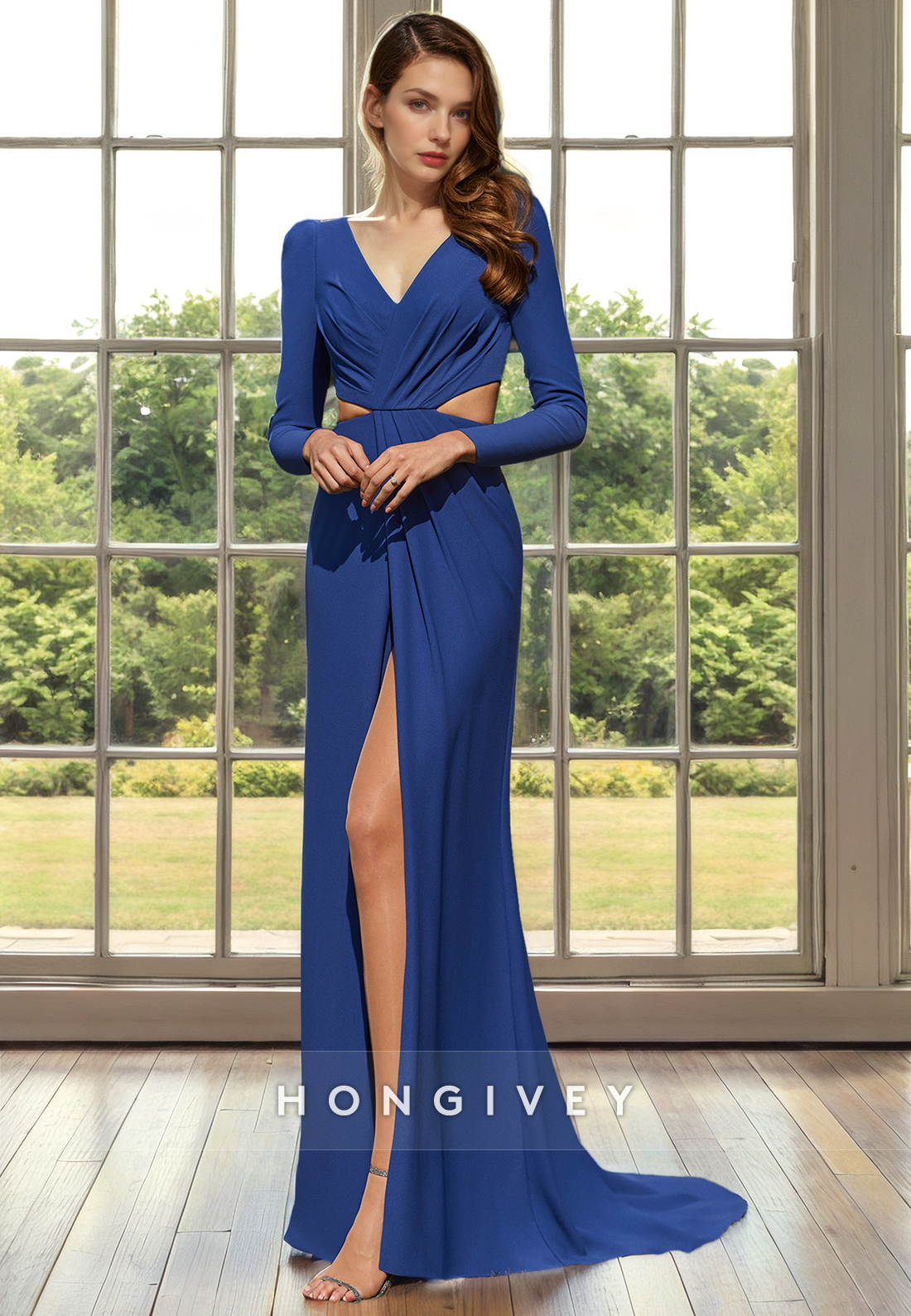 A-Line V-Neck Long Sleeve Empire With Side Slit Mother of the Bride Dress