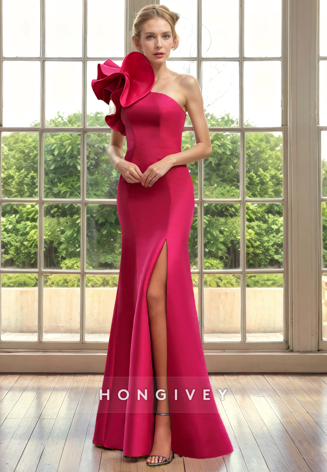 Satin One Shoulder Sleeveless With Side Slit Mother of the Bride Dress