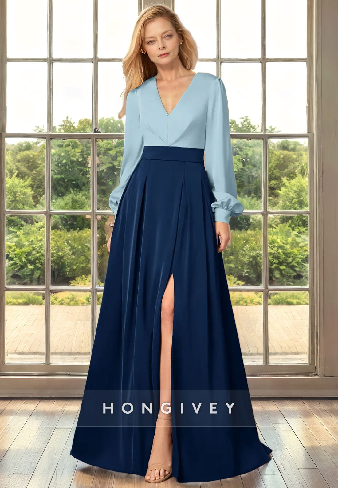 A-Line Long Sleeve V-Neck Two Tone With Side Slit Mother of the Bride Dress