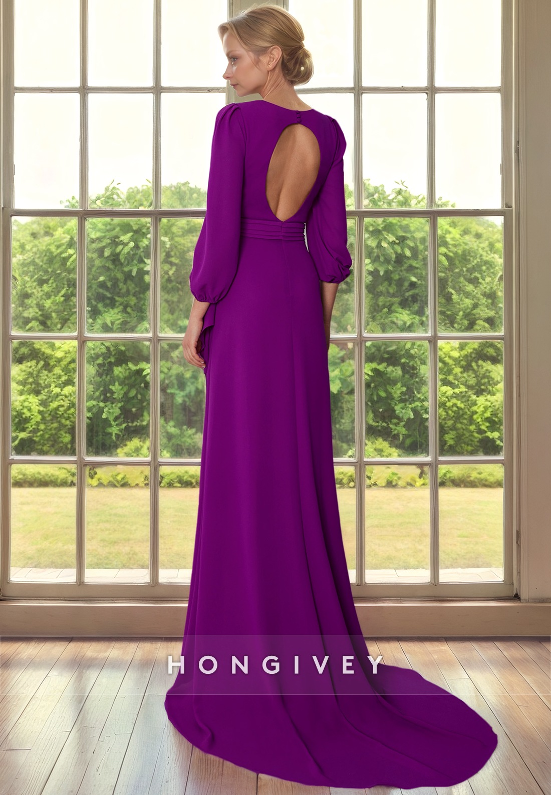 Chiffon A-Line V-Neck Long Sleeves Empire Cocktail Evening Dress