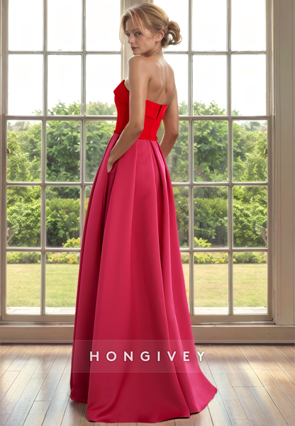 Satin A-Line Strapless Sleeveless With Pockets Cocktail Evening Dress