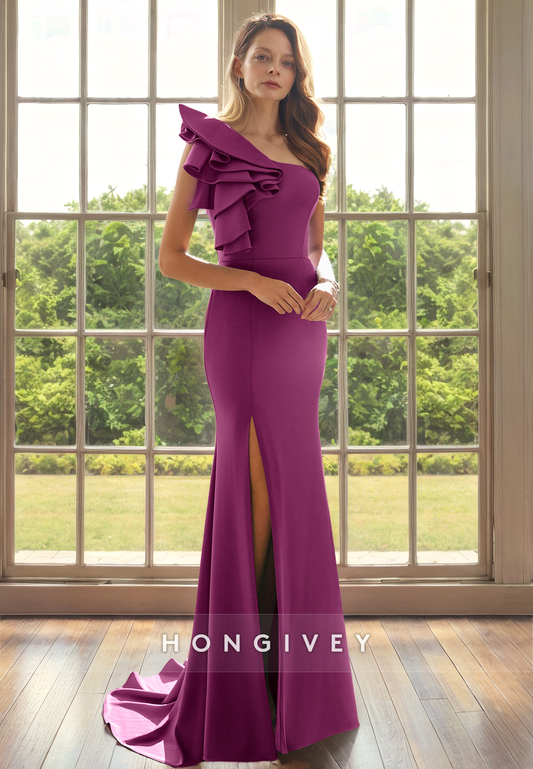 Trumpet Satin One Shoulder Ruffled With Side Slit Mother of the Bride Dress