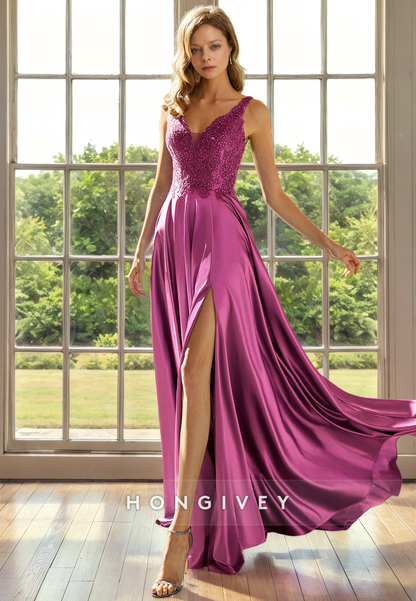 A-Line V-Neck Sleeveless With Side Slit Mother of the Bride Dress