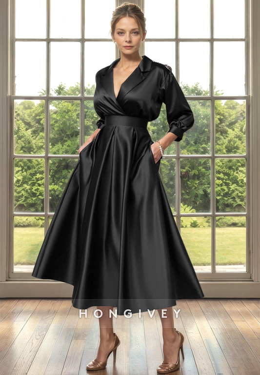 Satin A-Line Empire V-Neck 3/4 Sleeves With Pockets Cocktail Evening Dress