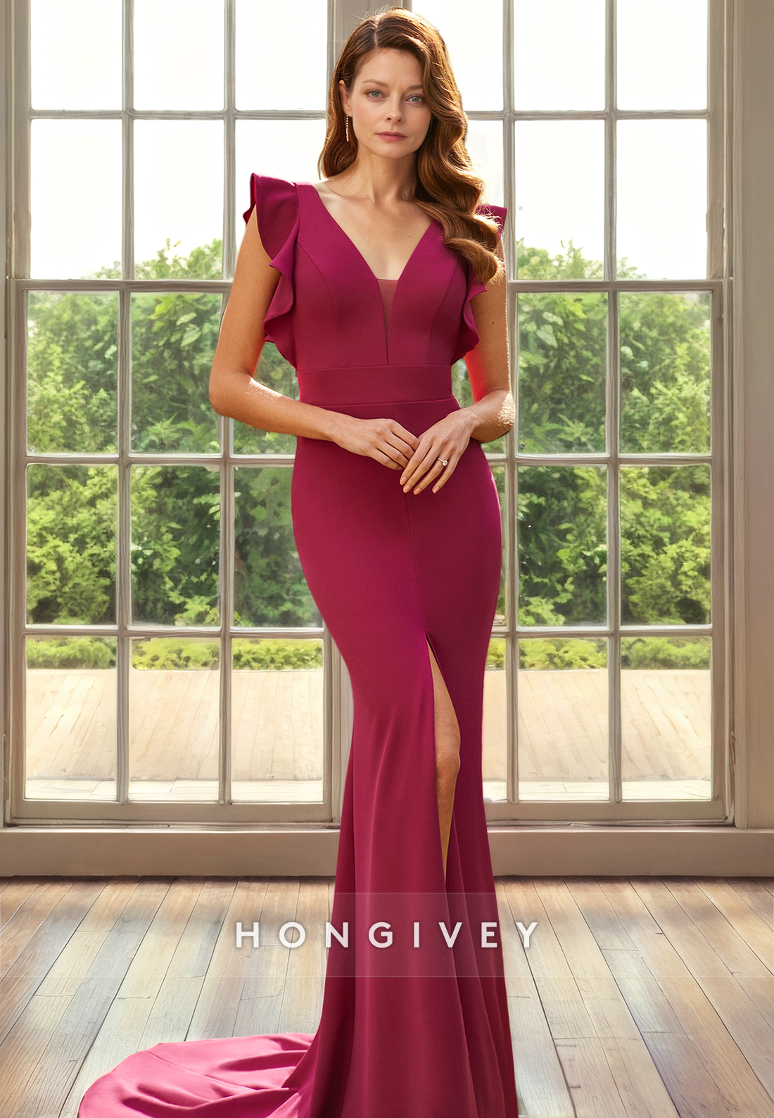 Chic Trumpet V-Neck Ruffled With Slit Mother of the Bride Dress