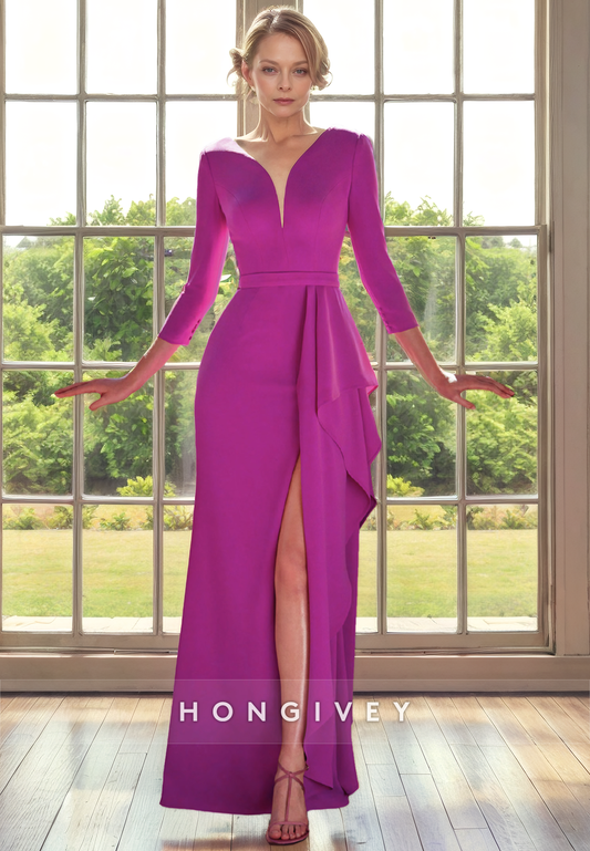 Chic Satin Fitted V-Neck 3/4 Sleeves With Slit Mother of the Bride Dress