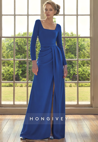 Satin A-Line Square Long Sleeve With Slit Mother of the Bride Dress