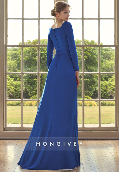 Satin A-Line Square Long Sleeve With Slit Mother of the Bride Dress