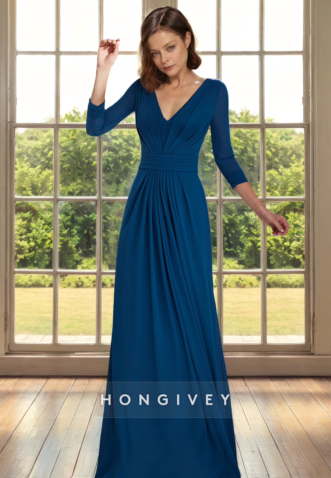 HM304 - V-Neck 3/4 Sleeves A-Line Pleats With Train Cocktail Dress