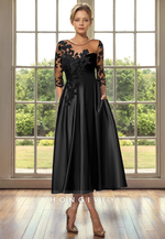 Chic Satin A-Line Round Half Sleeves Lace Applique Mother of the Bride Dress