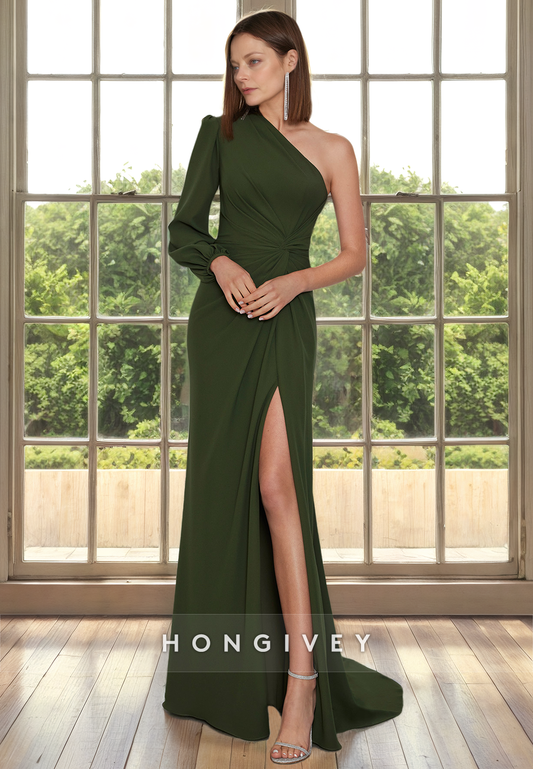 Simple Satin One Shoulder Long Sleeve With Side Slit Cocktail Mother Of Bridge Dress