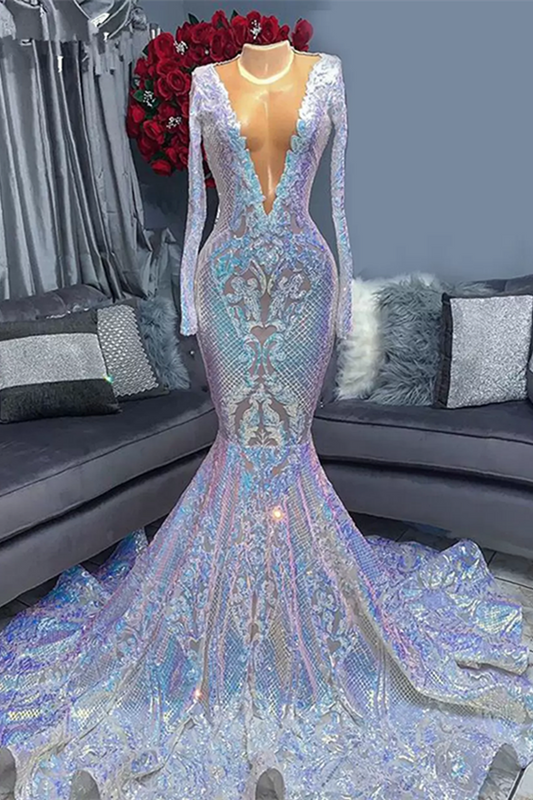 Hidais Deep V Neck Long Mermaid Long Sleeves Sequins Prom Dress With Appliques