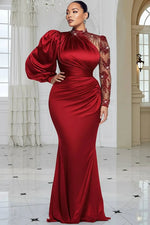 Plus Size Formal Blue Mock Neck Lantern Sleeve Long Sleeve Drilling Elegant See Through Tulle Satin Maxi Dresses