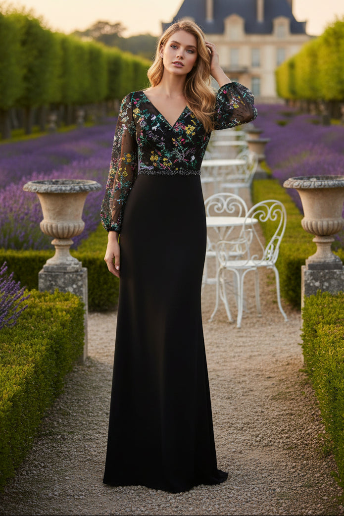 Black Embroidered Illusion Puff Sleeve Evening Dress