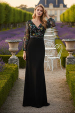 Black Embroidered Illusion Puff Sleeve Evening Dress