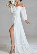 Off the Shoulder Lantern Sleeves Chiffon A-Line Wedding Dress with High Slit