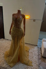 Gold Sweetheart Sleeveless Prom Dress Long With Sequins Crystals Tassels Online