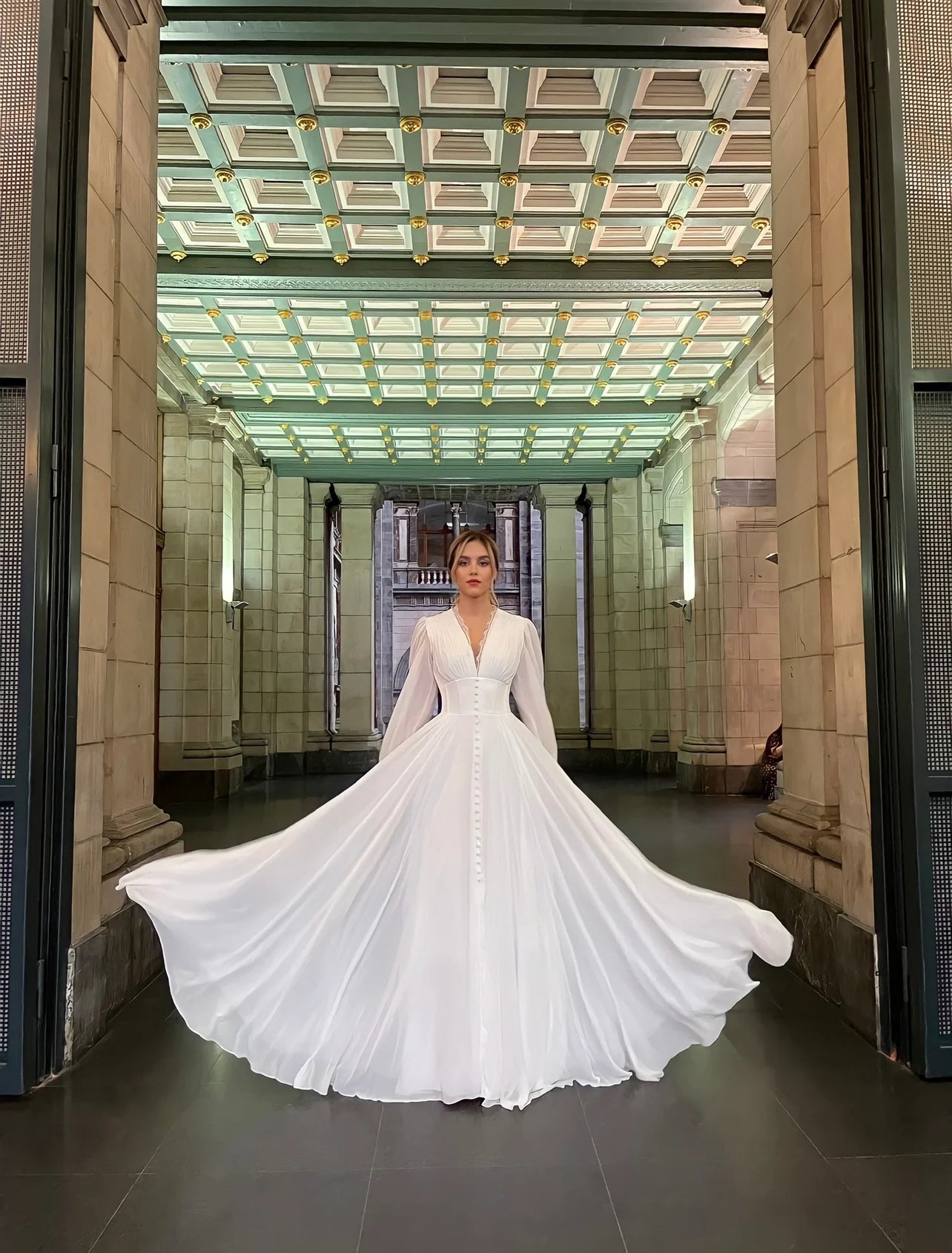 Simple V-Neck Long Sleeve Button A-Line Evening Dress