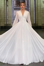 Simple V-Neck Long Sleeve Button A-Line Evening Dress