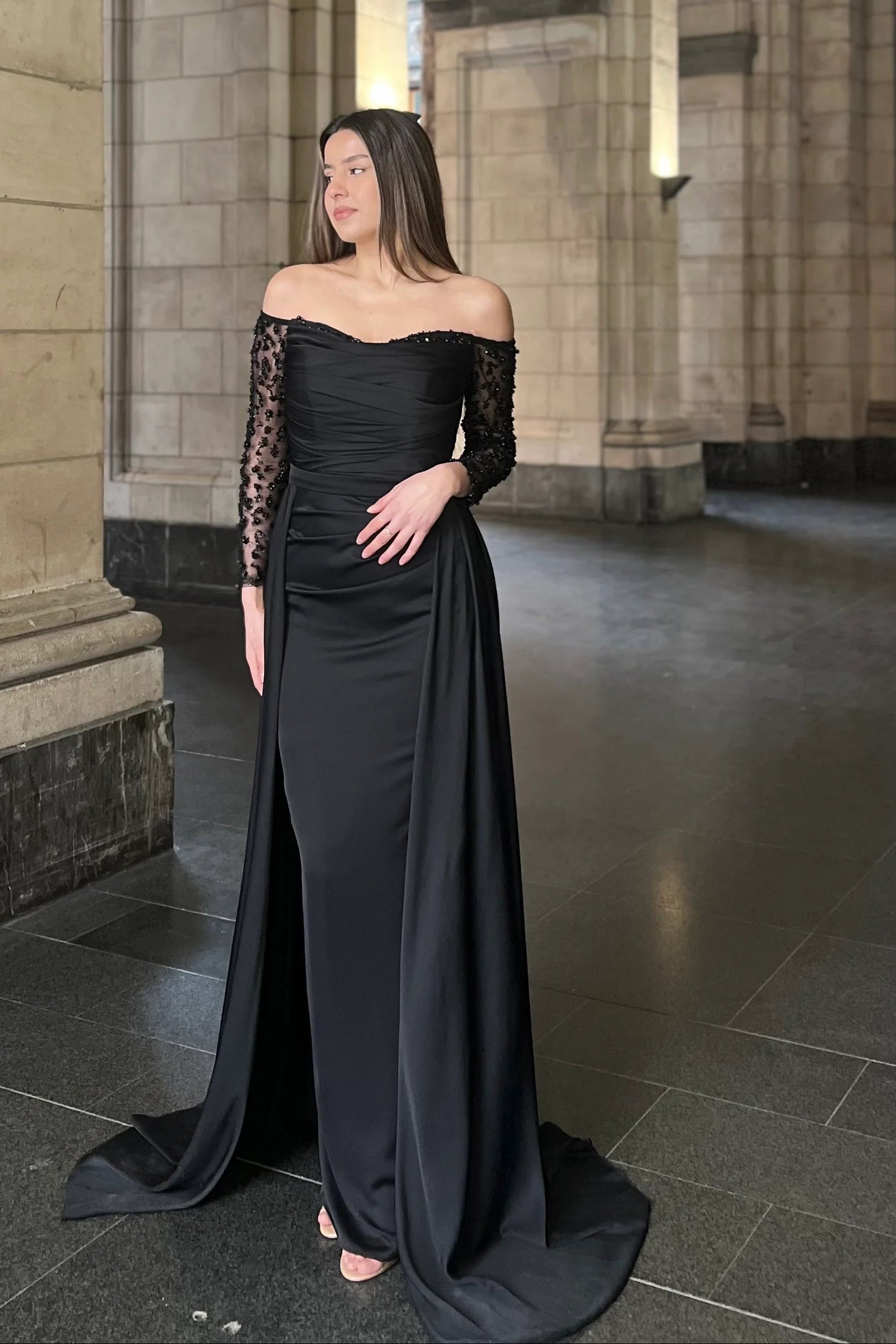 Black Off the Shoulder Lace Sleeve Beaded Mermiad Court Train Floor-length Evening Dress