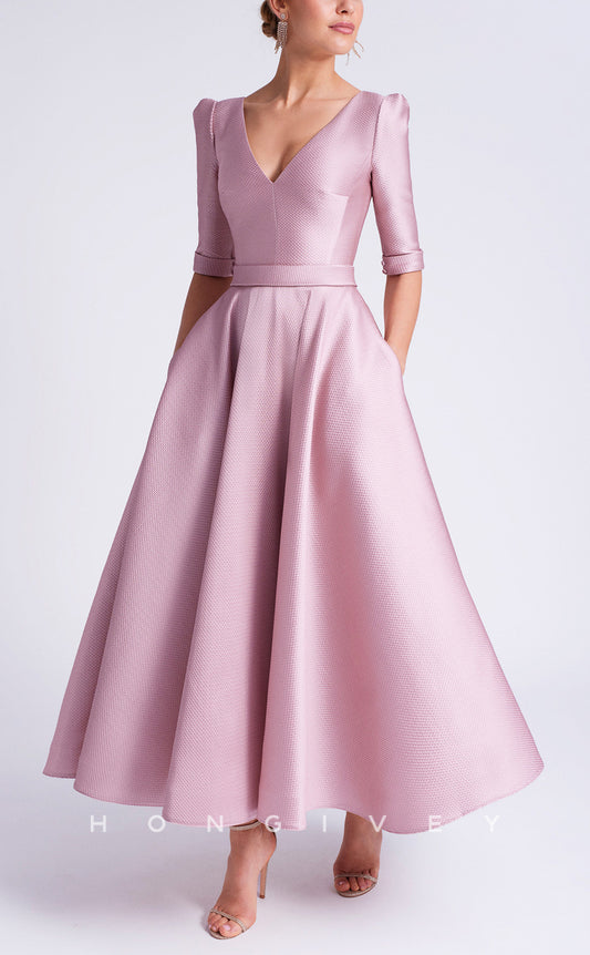 HM288 - Chic Satin A-Line V-Neck Half Sleeves With Pockets Mother of the Bride Dress