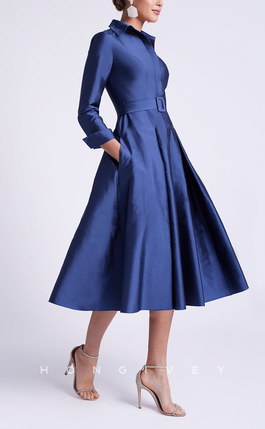 HM292 - Satin A-Line Empire 3/4 Sleeves With Pockets Tea-Length Mother of the Bride Dress