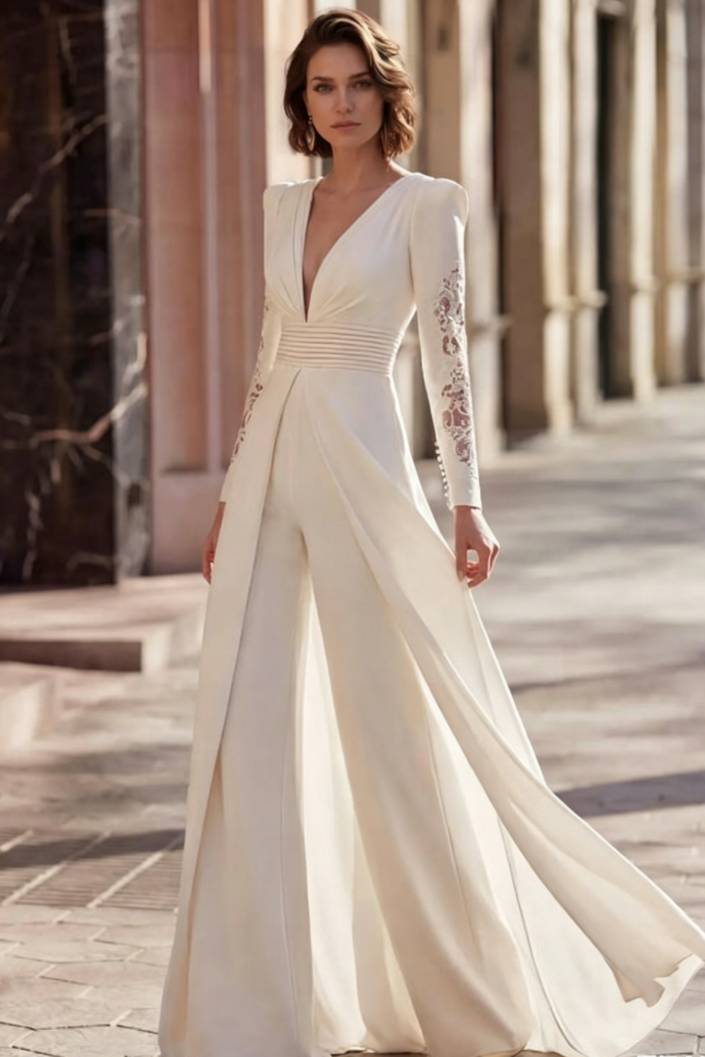 Jumpsuit/Pantsuit V-Neck Lace Long Sleeves Wedding Dresses