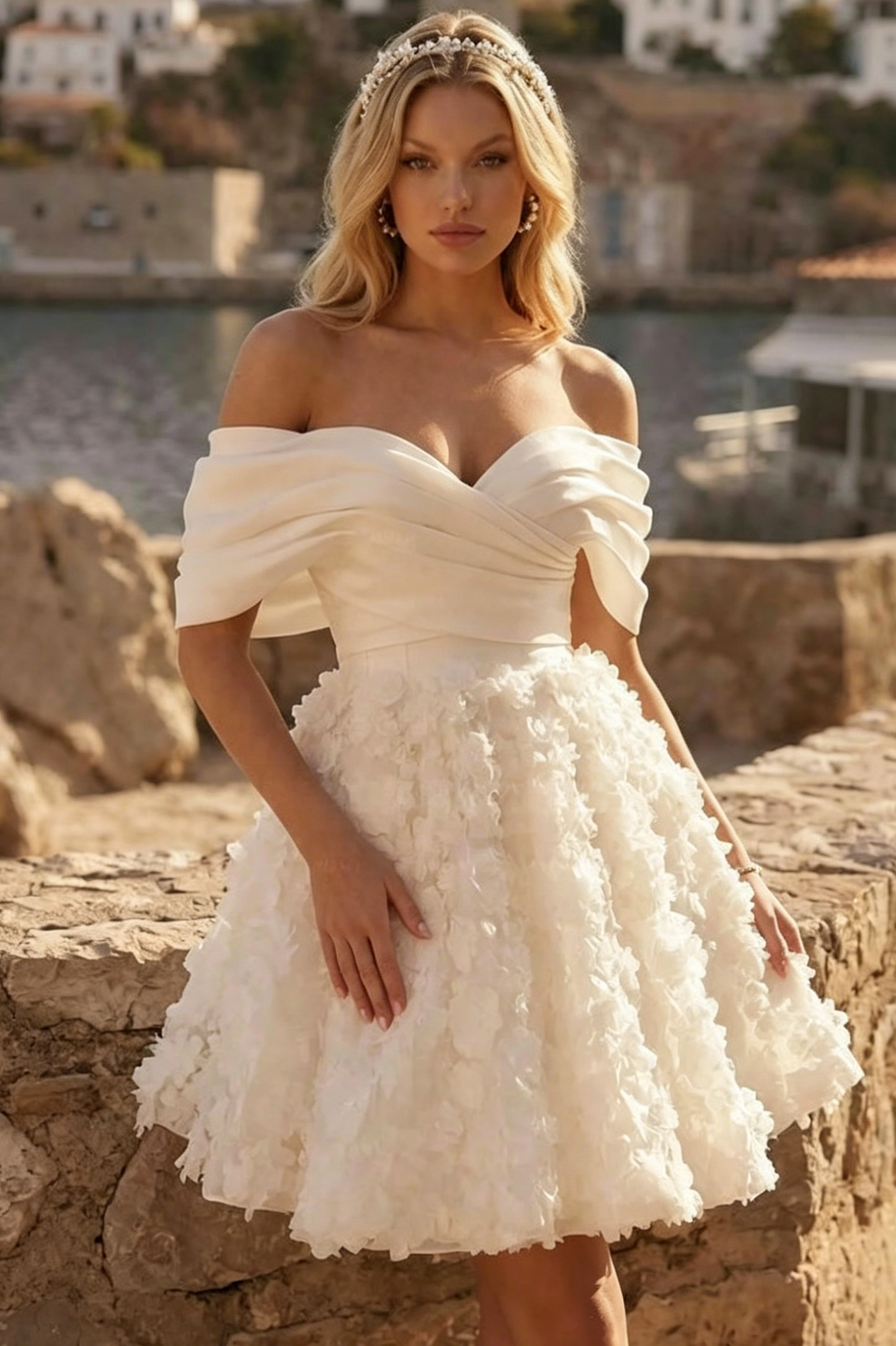 A-Line Off-The-Shoulder Sleeveless Short/Mini Wedding Dresses With Appliques Lace