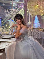 A-Line Off the Shoulder Blue Tulle Applique Floor-Lenght Prom Dress