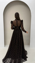 High Neck Lace Long Sleeve A-Line Floor-Length Evening Dress Sparkle