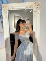 A-Line Off the Shoulder Blue Tulle Applique Floor-Lenght Prom Dress
