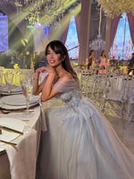 A-Line Off the Shoulder Blue Tulle Applique Floor-Lenght Prom Dress