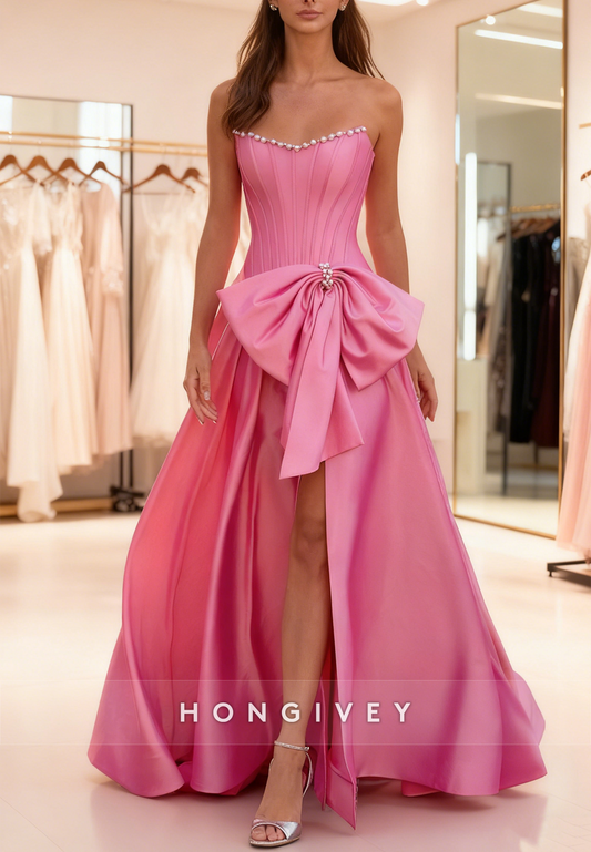 Bow A-Line Slit Beaded Prom Dress