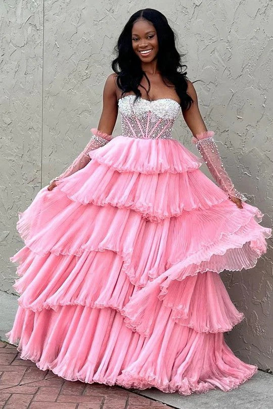 White Tiered Tulle Off-Shoulder Ball Gown with Beaded Bodice Prom Dress