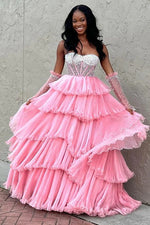 White Tiered Tulle Off-Shoulder Ball Gown with Beaded Bodice Prom Dress