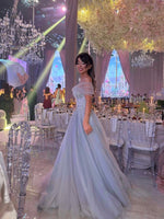 A-Line Off the Shoulder Blue Tulle Applique Floor-Lenght Prom Dress