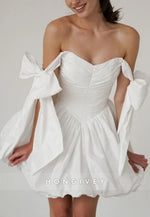 Off the Shoulder A-Line Ruched Crisscross Back Bridal Gowns with Bowknots