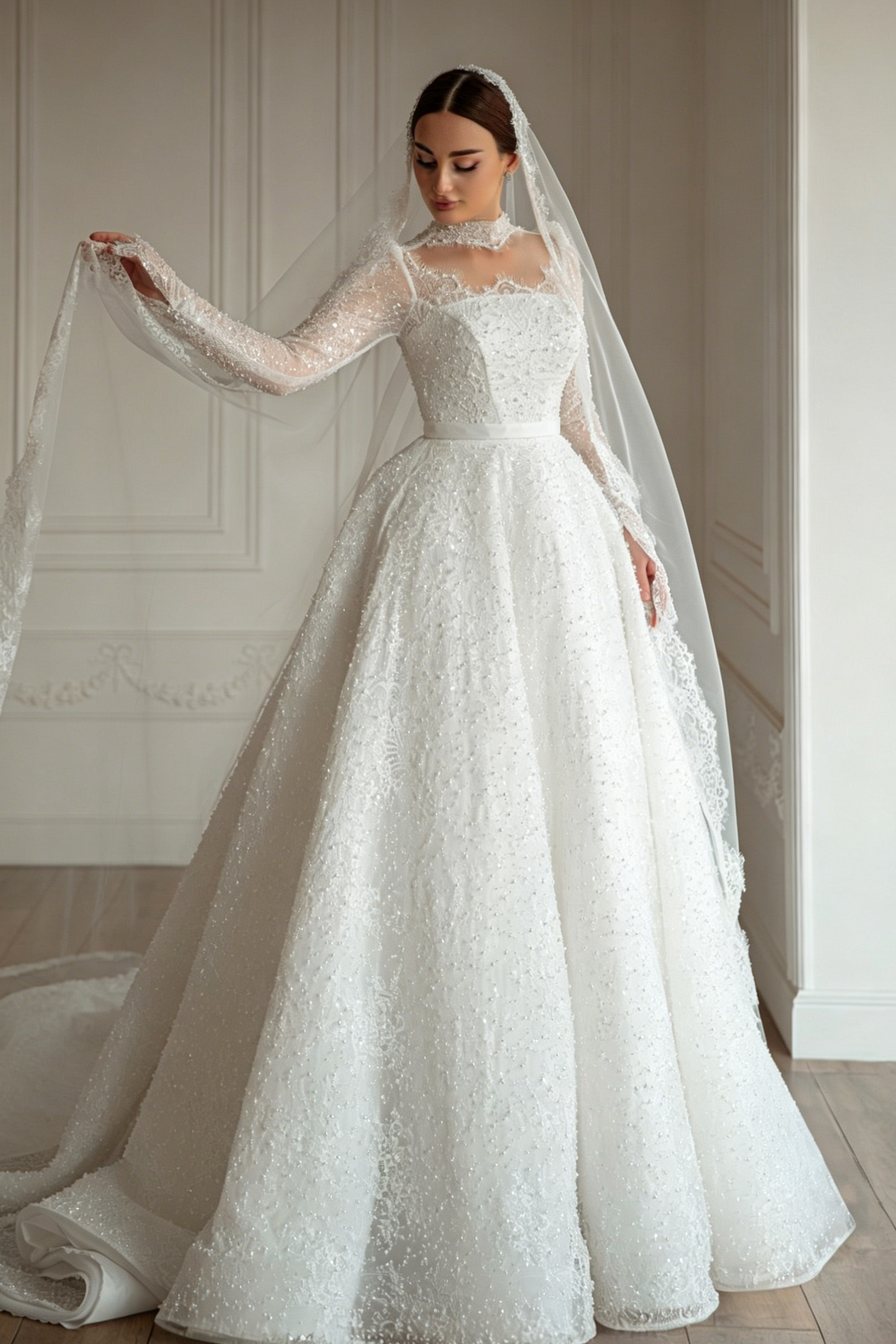 Long Sleeve Beaded Lace Ball Gown Wedding Dress