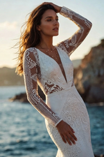 Boho/Beach Illusion Neck Long Sleeves Sweep Train Lace Wedding Dresses