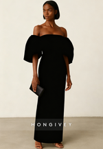 Off the Shoulder Satin Half Sleeves Column Ankle-Length Evening Gown