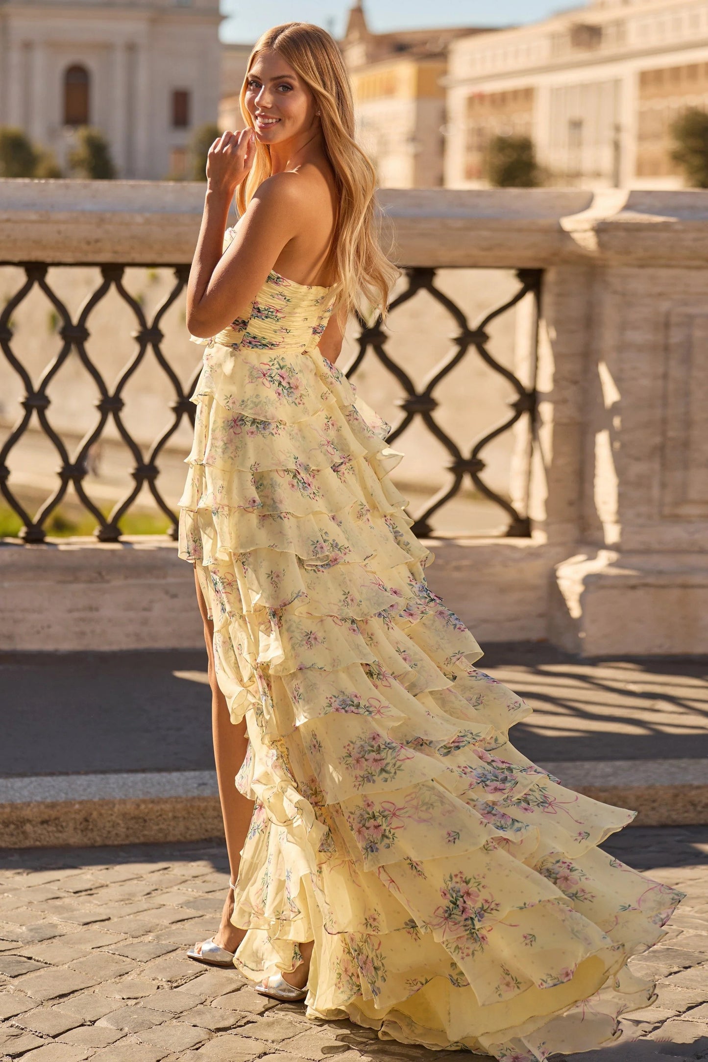 Sweetheart Yellow Flowers Floral Print A-Line Tassel Side Slit Floor-Length Prom Dress